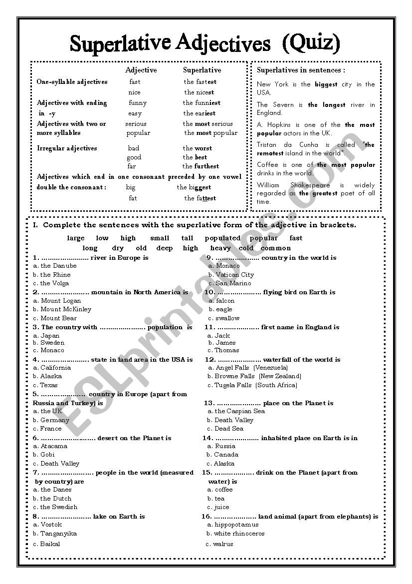 Superlative Adjectives (Quiz) worksheet