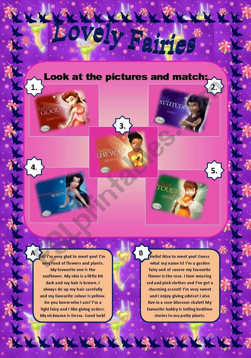 LOVELY FAIRIES.(2 PAGES) READ AND MATCH+PUZZLE+KEY