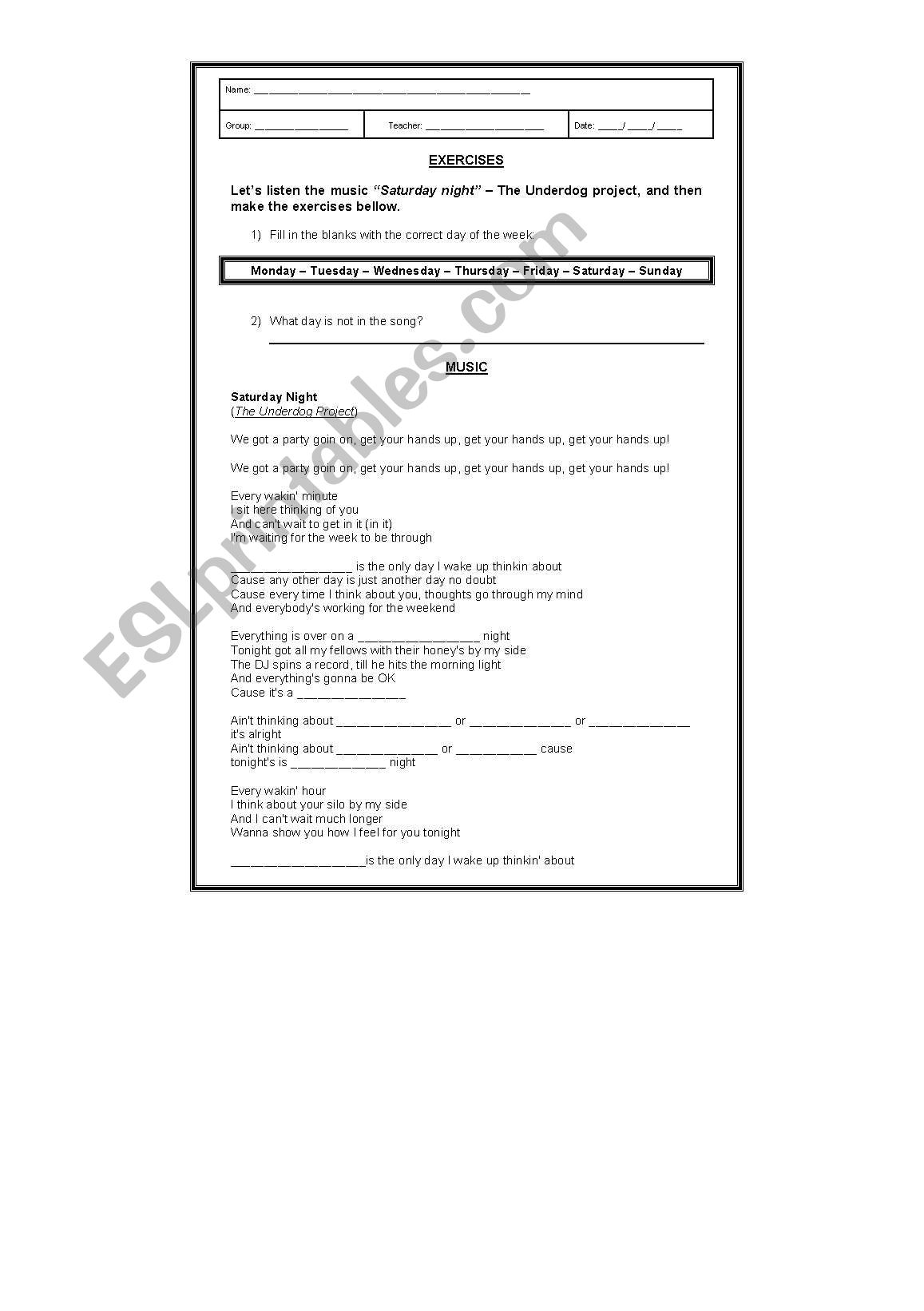 Days of the week worksheet