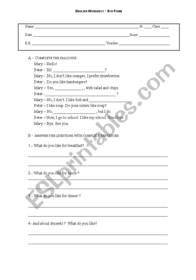 Likes and Dislijkes worksheet