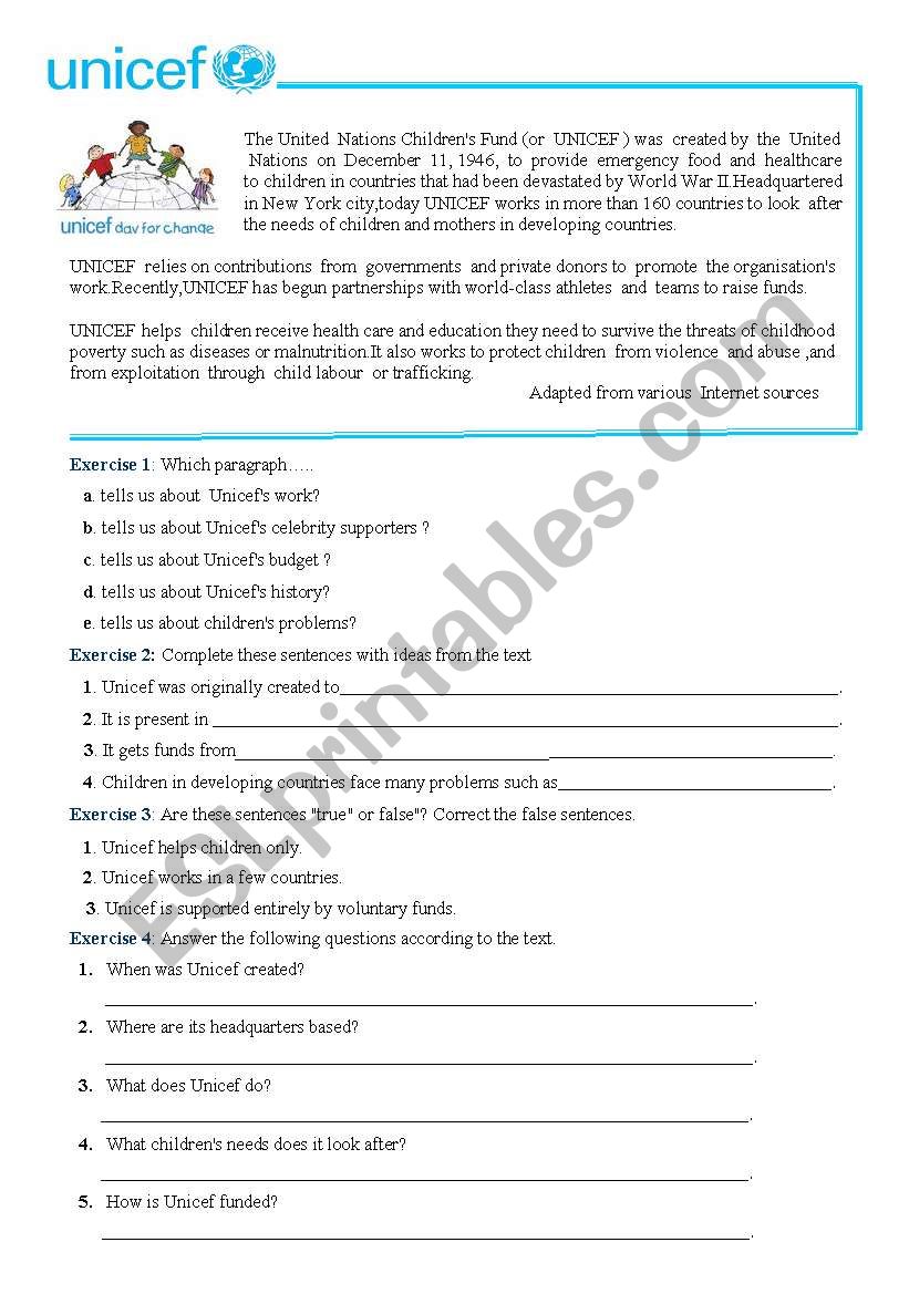 UNICEF worksheet