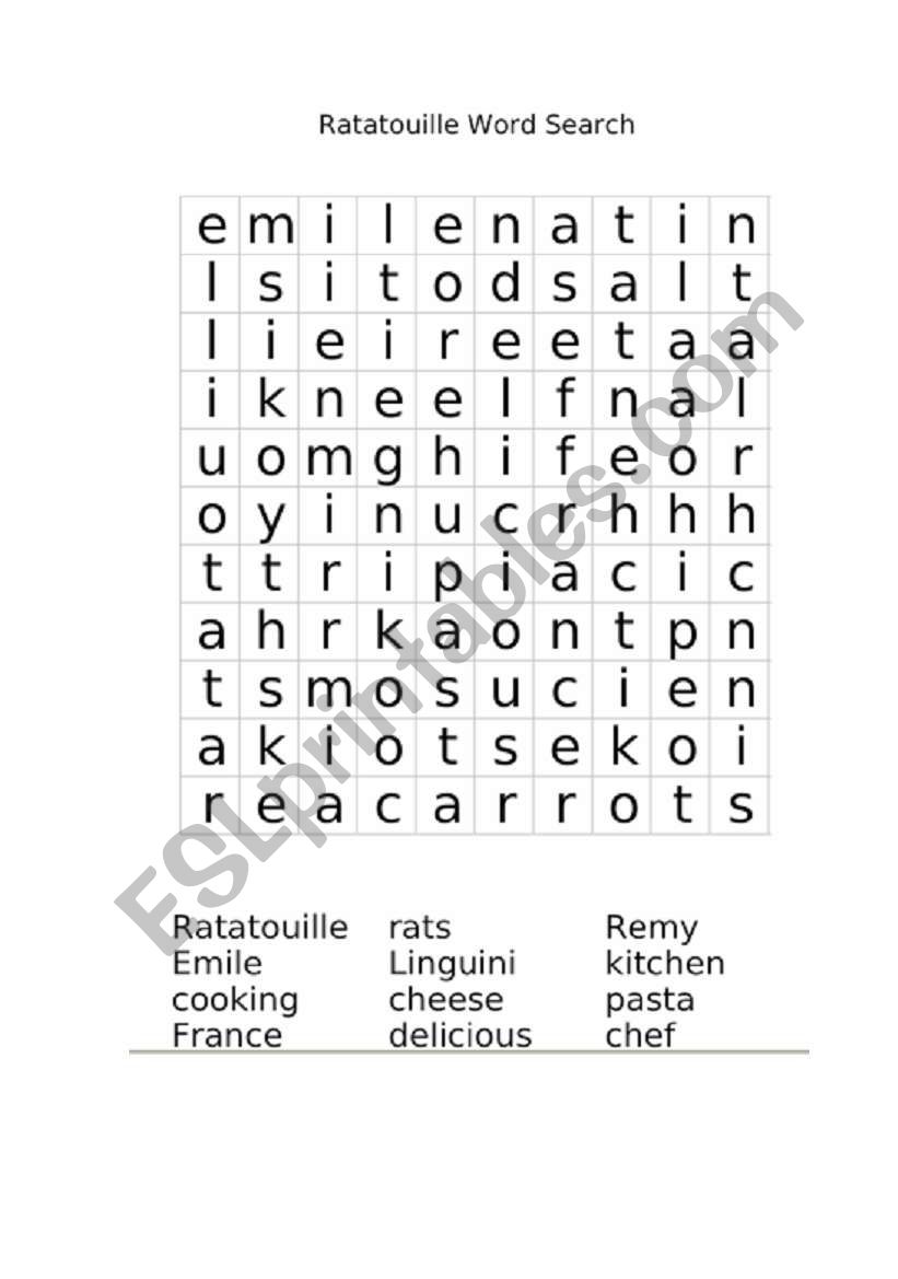 ratatouille word search worksheet