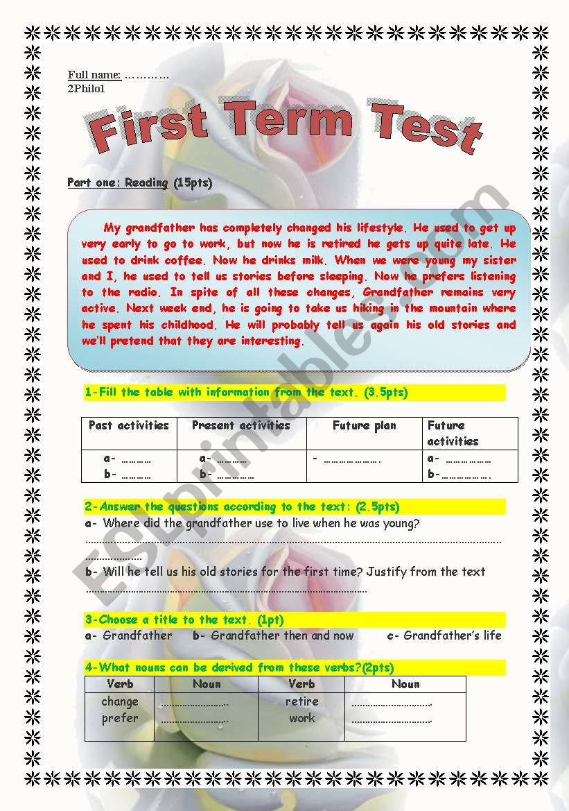evaluation test 2  LIfe style reading passage with 7 exercises: comprehension ,grammar ( past tense+ relative pronouns) w deriving nouns and final s pronunciation + a written topic .Fully editable.