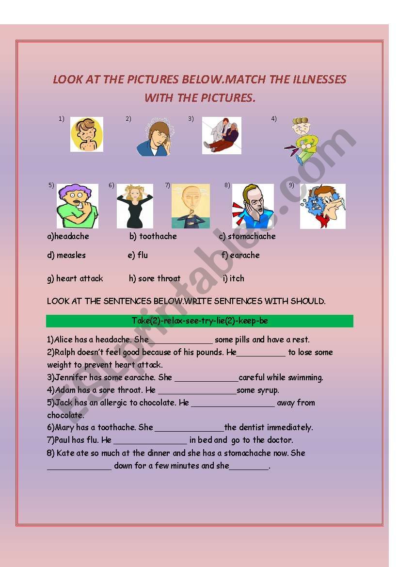 match up with illnesses worksheet