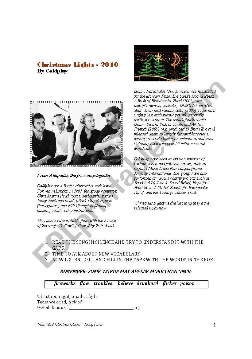 COLDPLAY Christmas lights worksheet