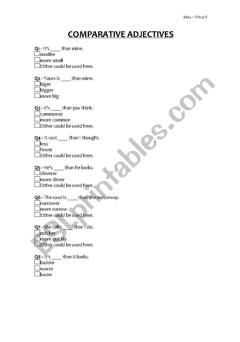 Comparative Adjectives Quiz worksheet