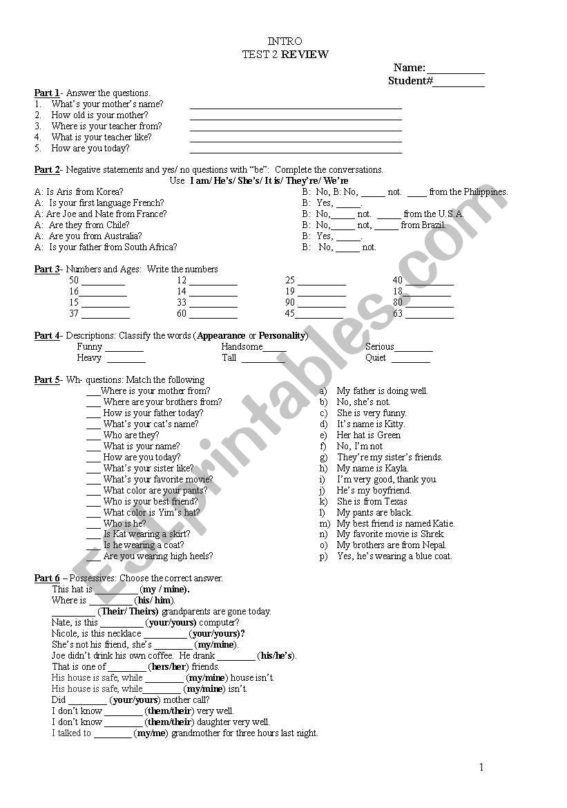 Test 2 Review worksheet