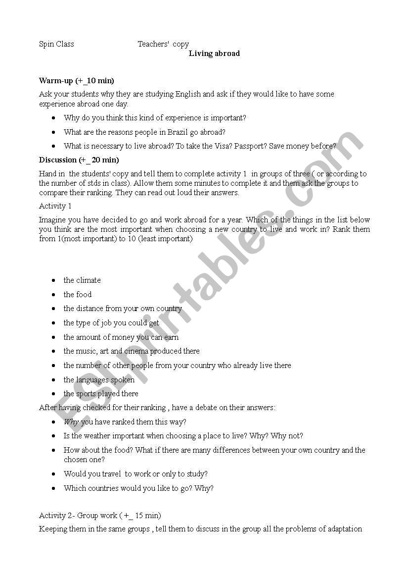 living abroad worksheet