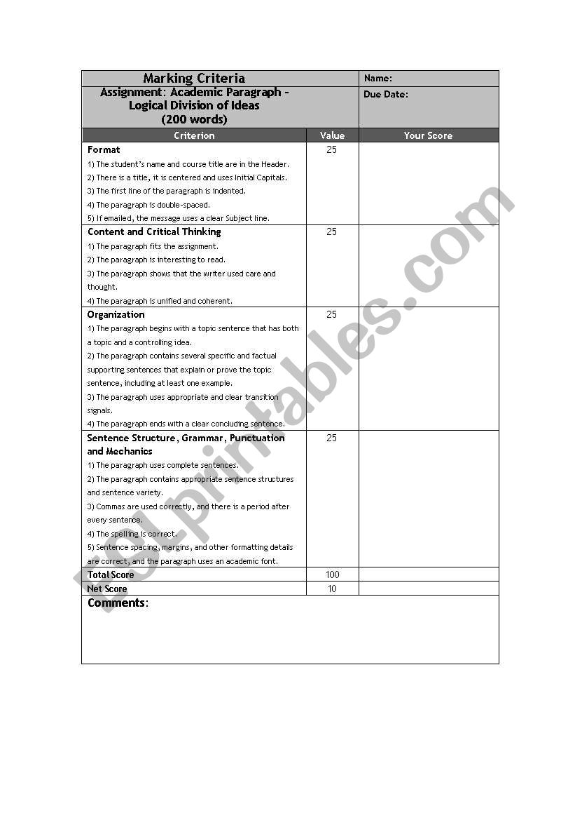 Writing Scoring Rubrics worksheet