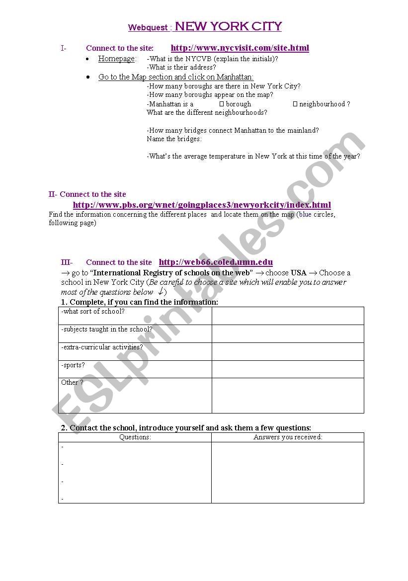 New York Webquest worksheet