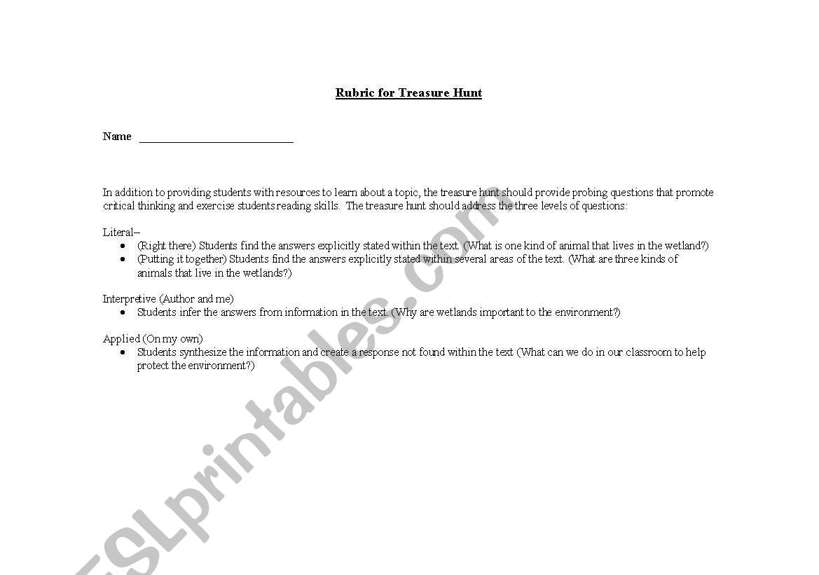 Treasure map worksheet