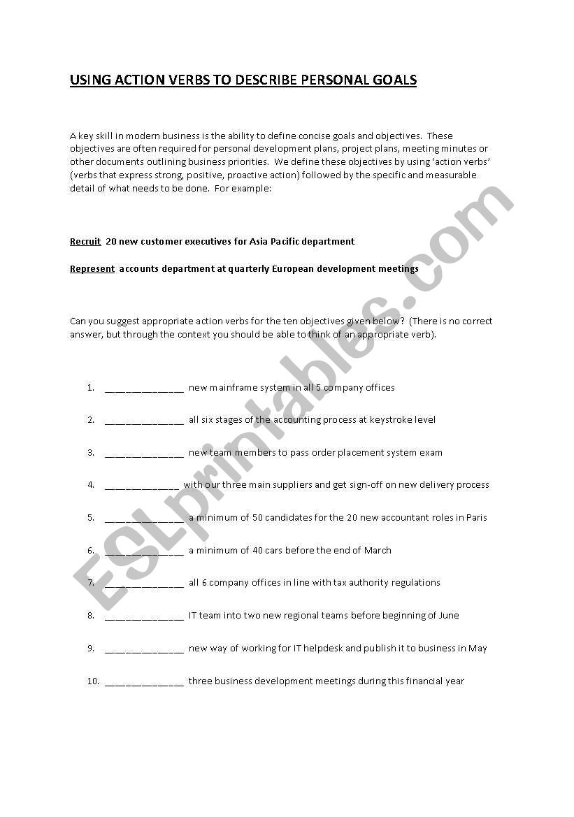 Action Verbs in Business worksheet