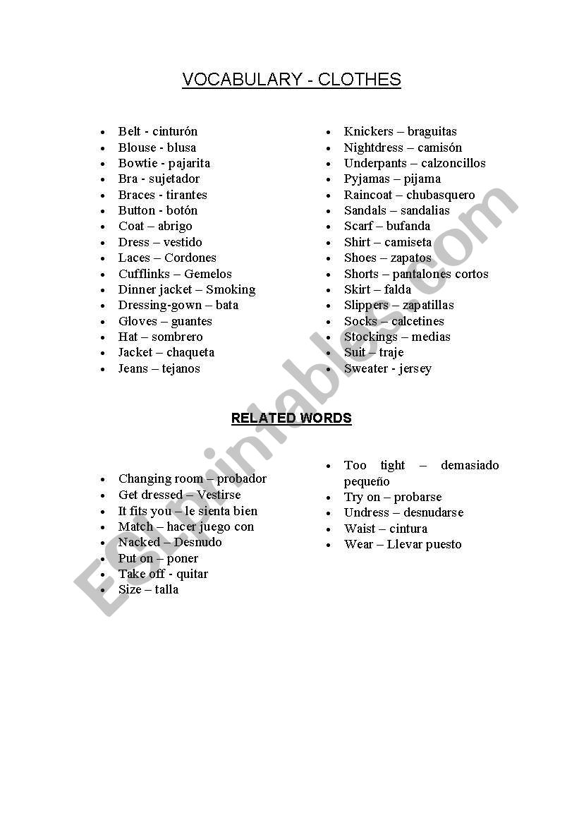 Clothes Vocabulary worksheet