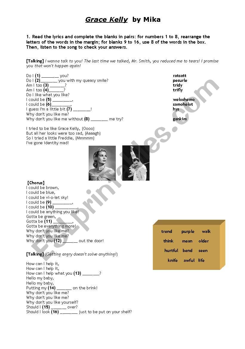 Song: Grace Kelly by Mika worksheet