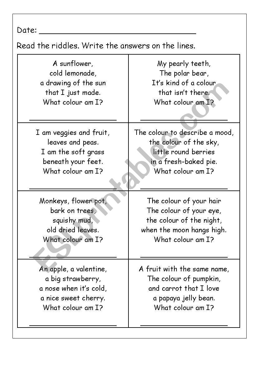 Colour riddles worksheet