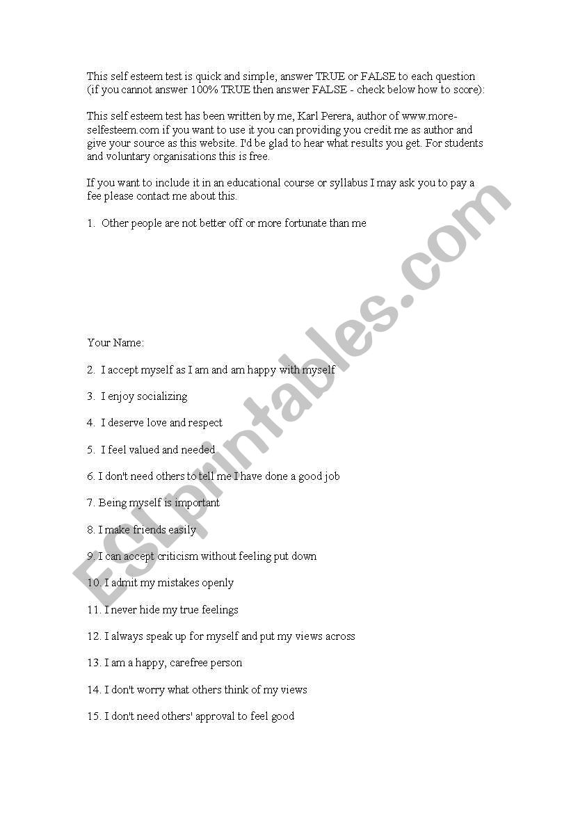self etseem worksheet