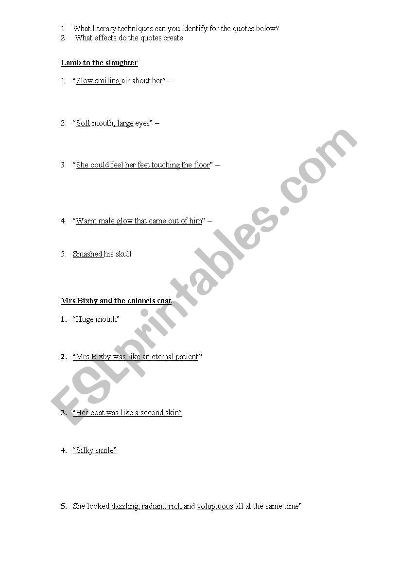 Roald Dahl short stories worksheet