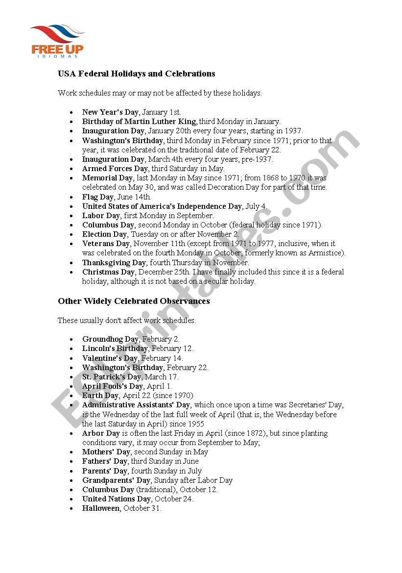 USA Holidays and celebrations worksheet