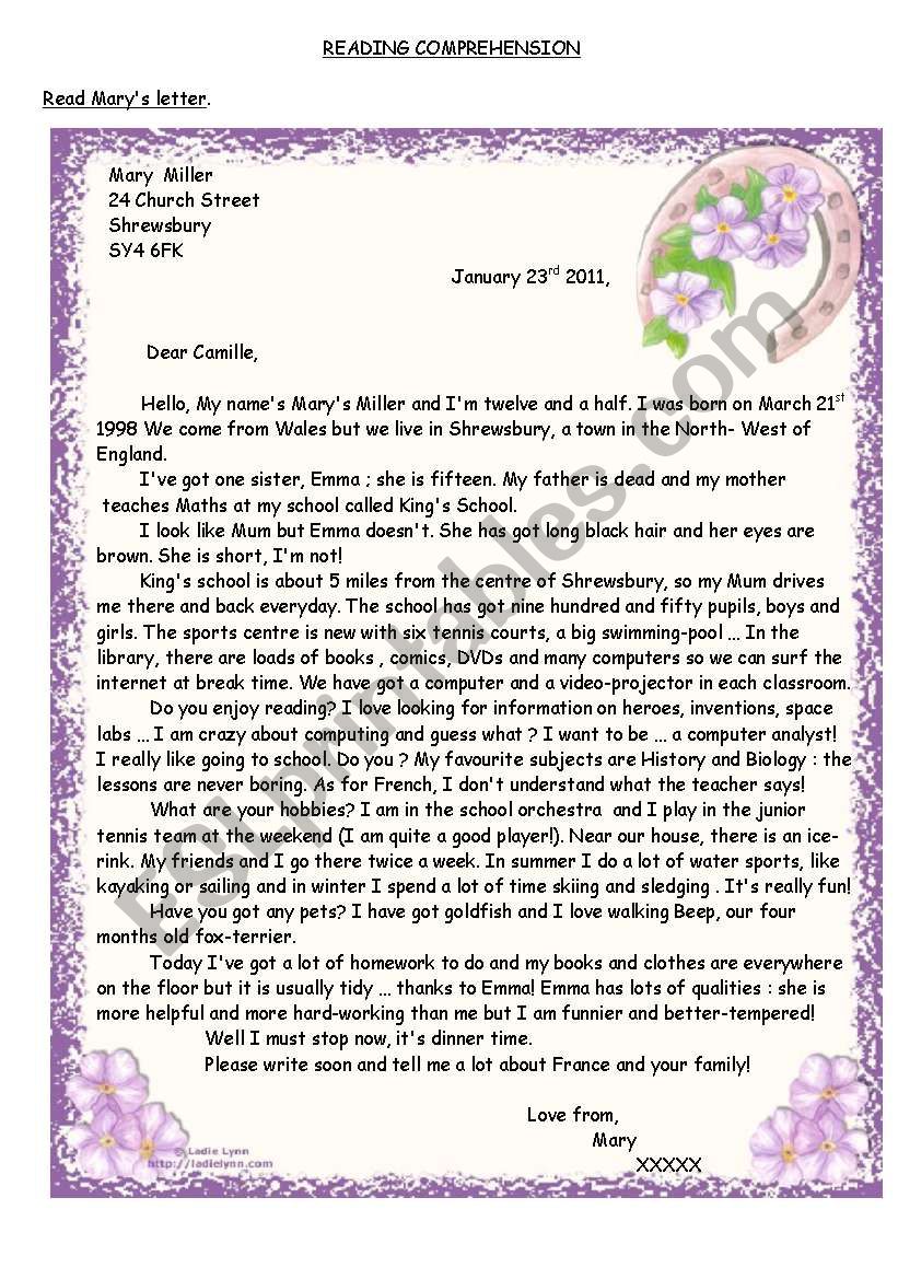 Reading comprehension : Marys letter