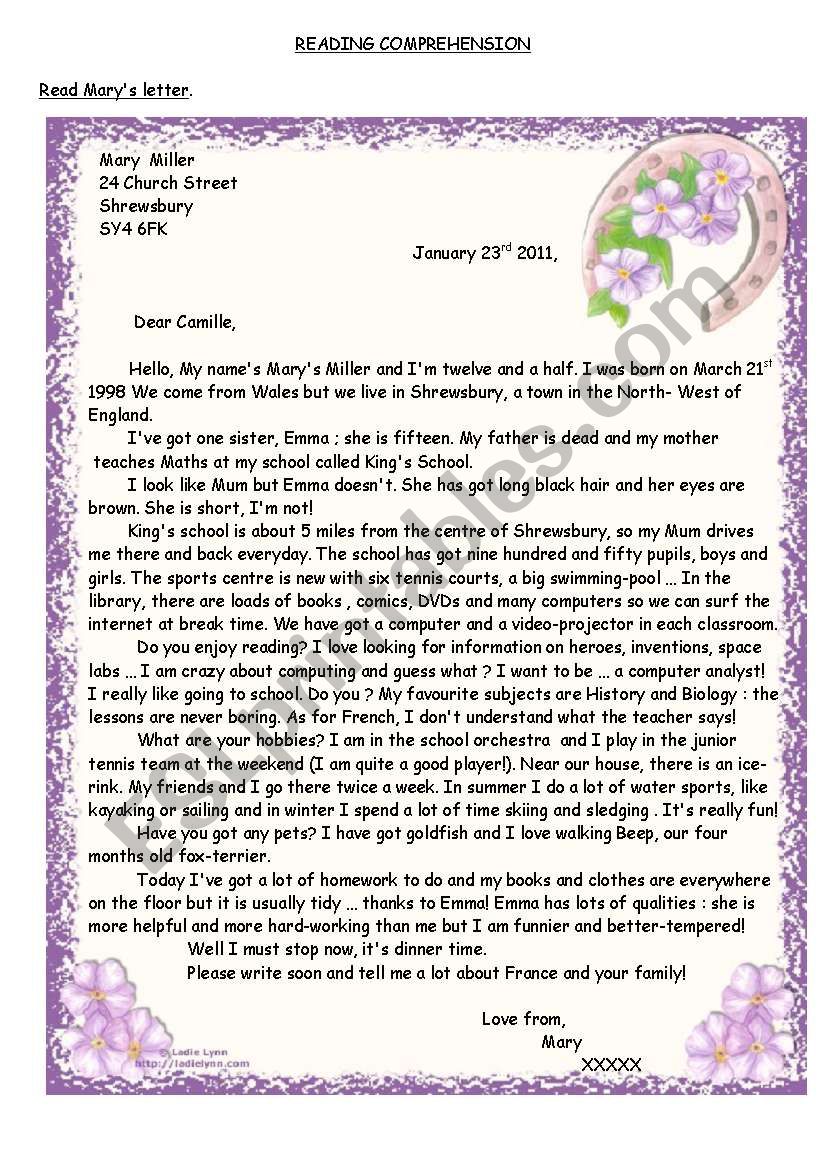 Reading comprehension : Mary´s letter