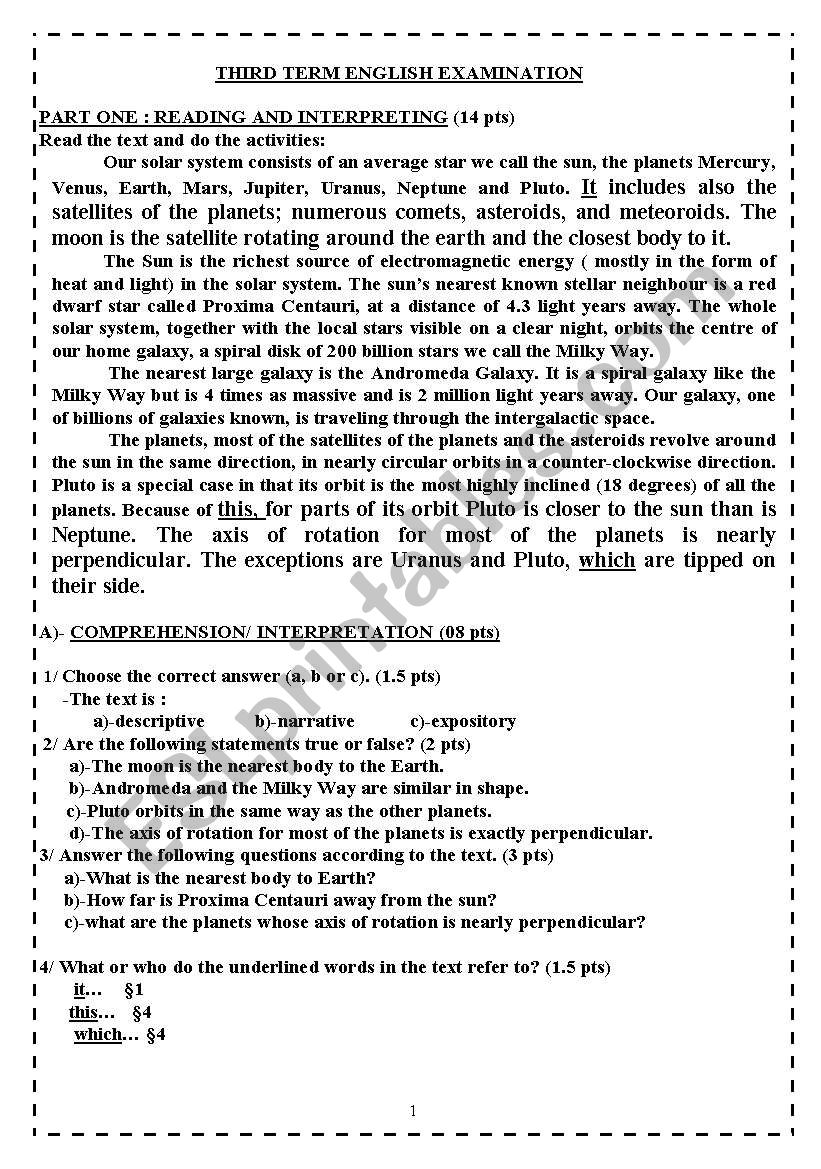 The Solar System Exam worksheet