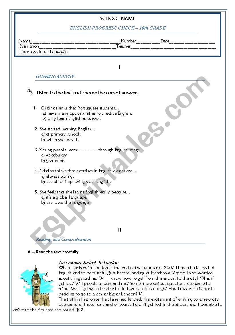 10th grade test. worksheet