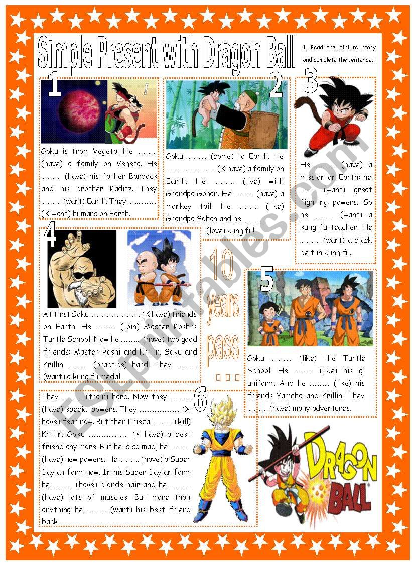 Simple Present Affirmative, Negative & Interrogative with (mainly) Basic Verbs & Dragonball. 2 Pages + Key.