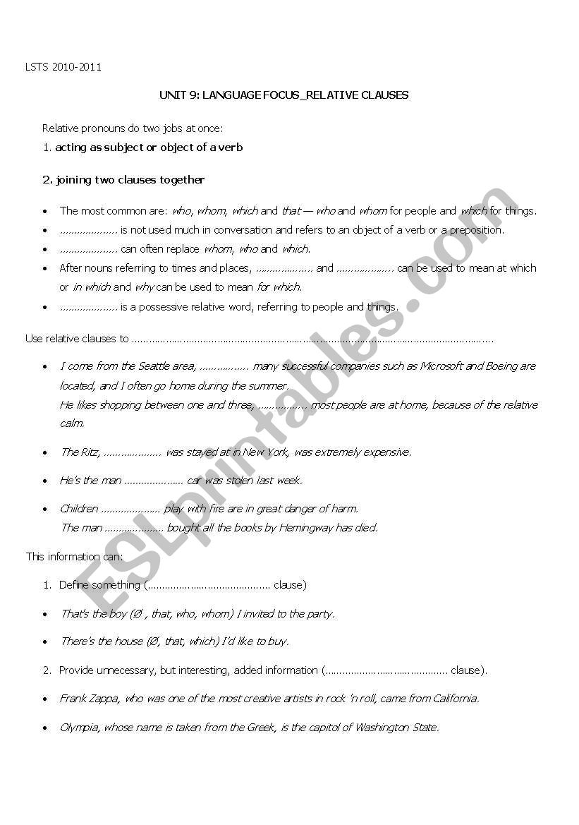 Relative clauses worksheet