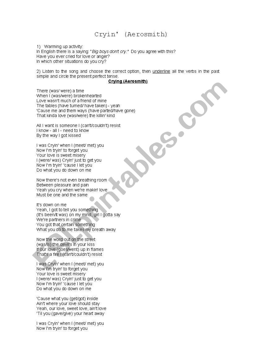 CryinÂ´ by Aerosmith worksheet