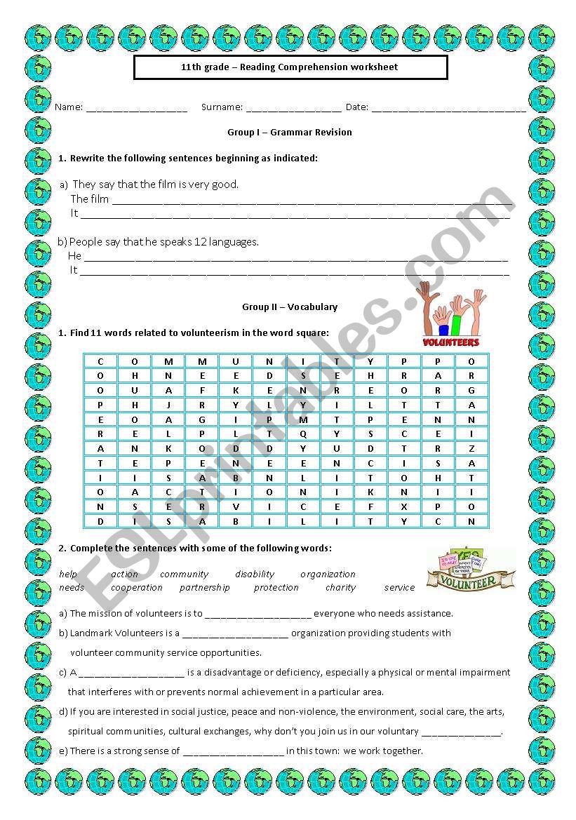 Volunteering - reading comprehension exercises