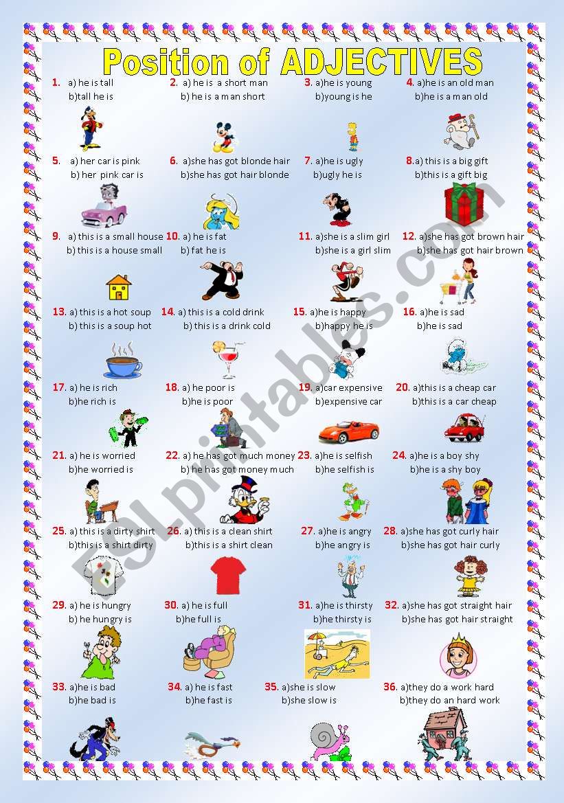 POSITION OF ADJECTIVES EDITABLE MULTIPLE CHOICE ESL Worksheet By Saladinos