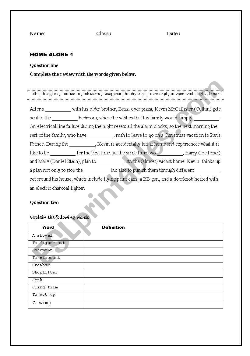 Test On film Home Alone 1 worksheet