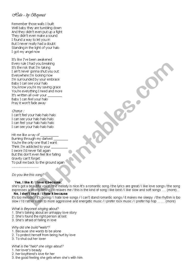 Halo - song by Beyonc worksheet