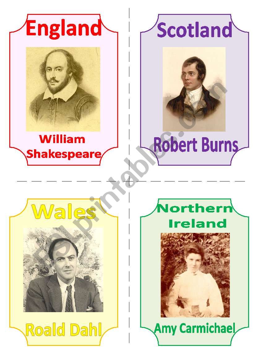 THE UK FLASHCARDS 5 - FAMOUS POETS (WRITERS), 1 page, fully editable