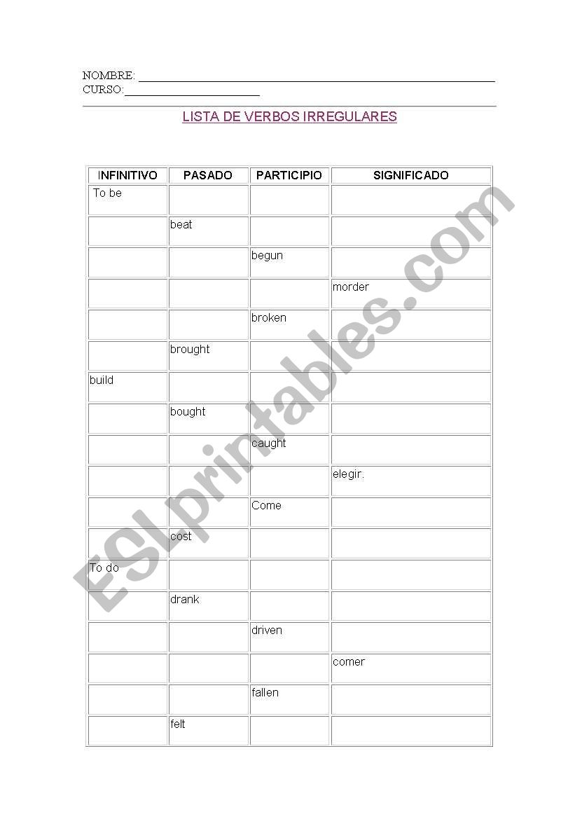 irregular verbs exam worksheet