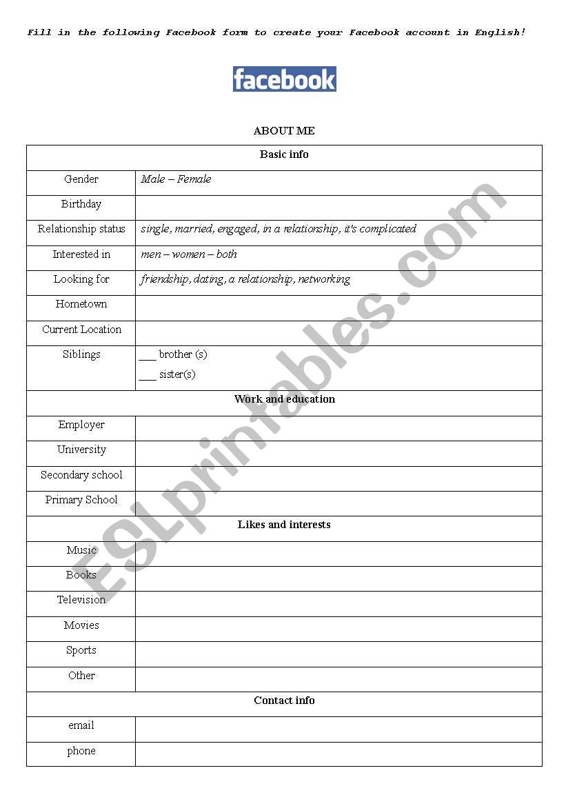 My Facebook profile worksheet