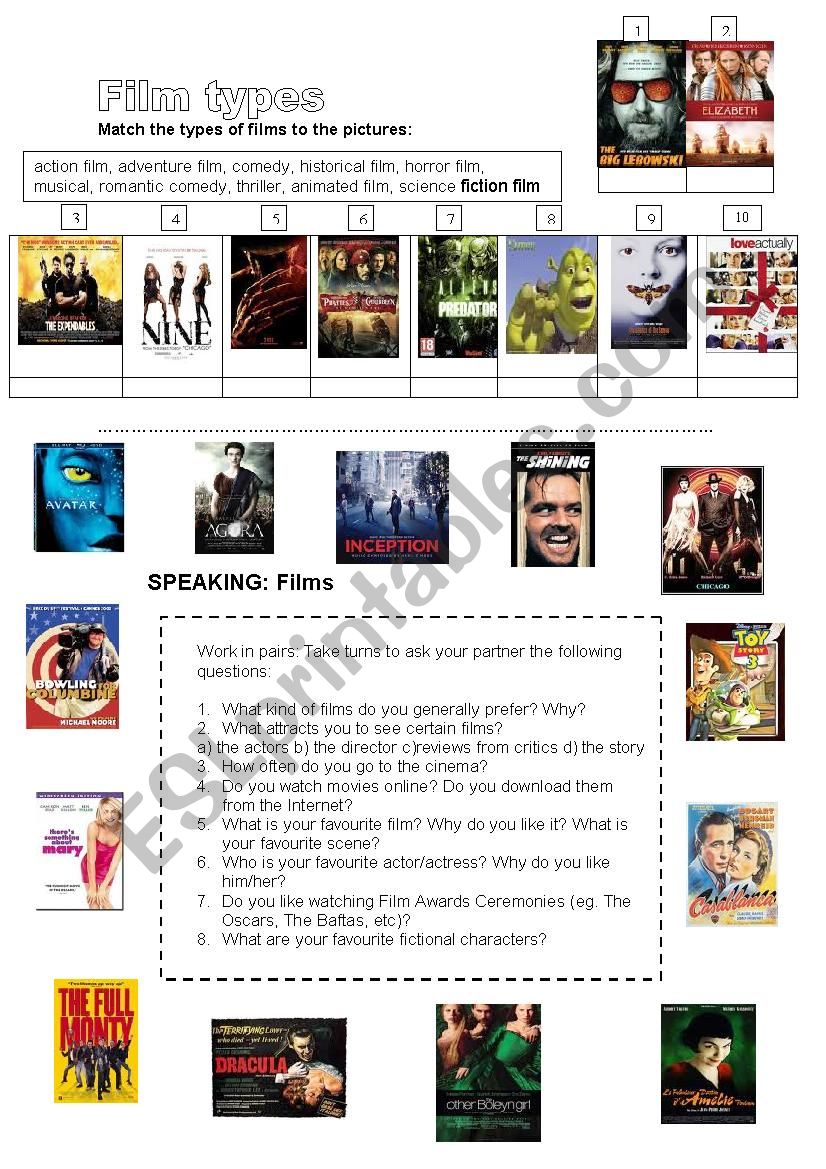 Films: types of films, speaking exercise + writing a review (useful language+task)