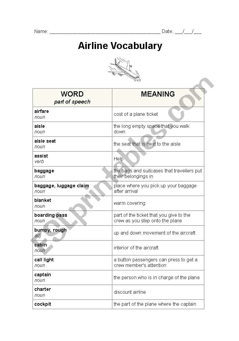 Airline vocabulary and exercise