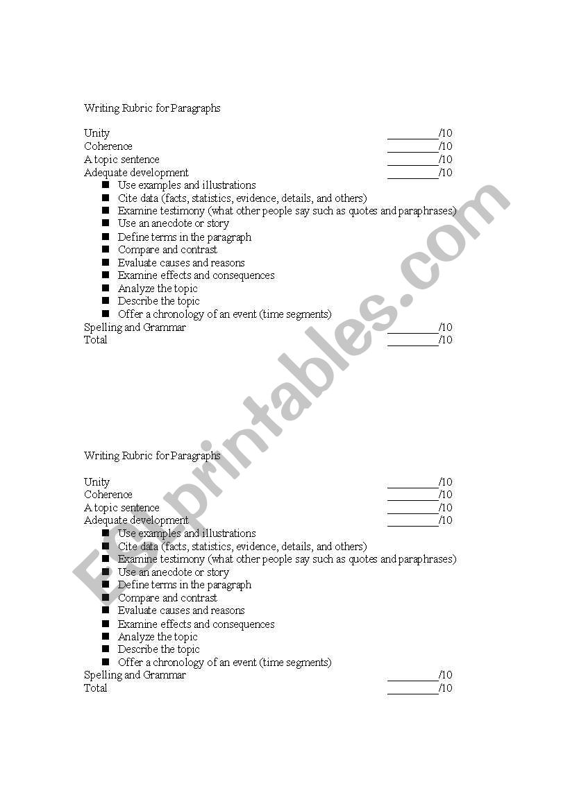 Narrative rubric worksheet