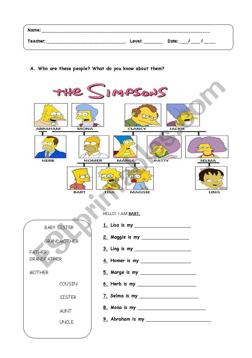 Family members with Simpsons worksheet