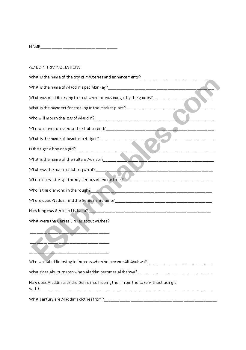 ALADDIN TRIVA worksheet