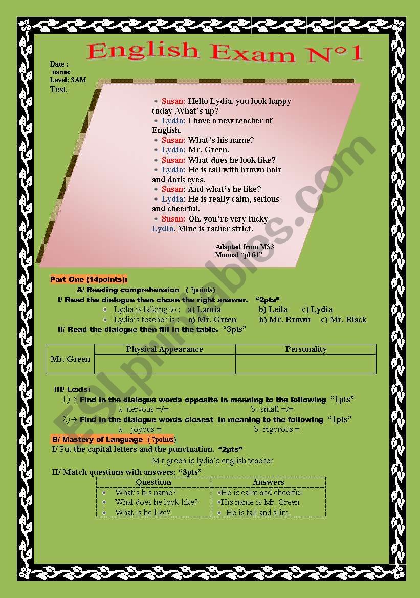 Describing people - exam paper for beginners.2 pages fully editable