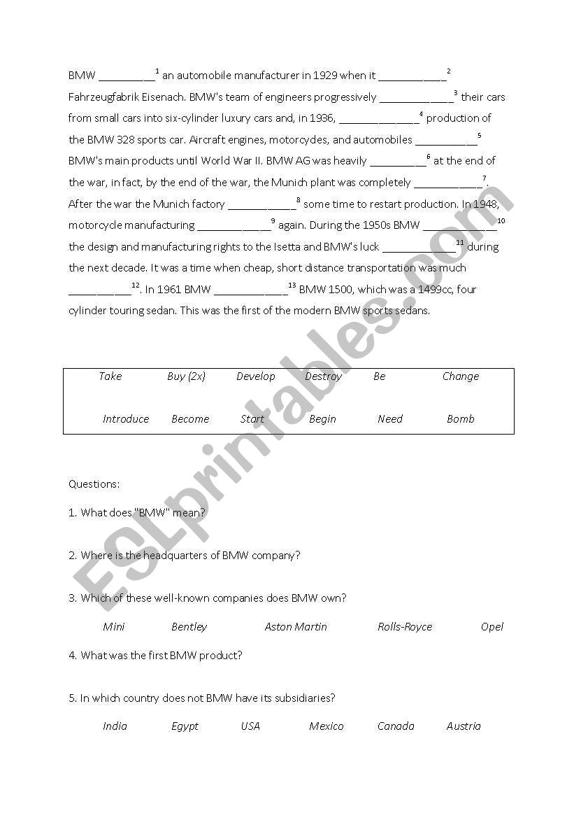 BMW - automobile vocabulary and quiz