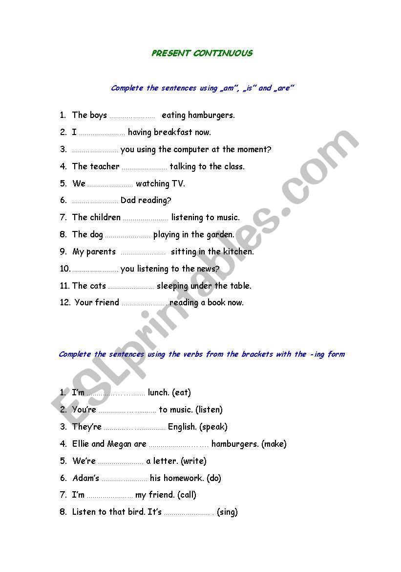 Present Continuous worksheet worksheet