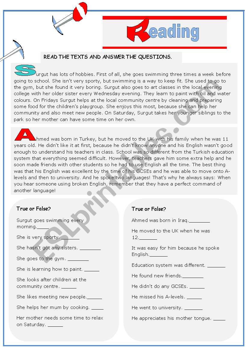 Easy readings in simple 3rd person singular and past simple - True or false statements.
