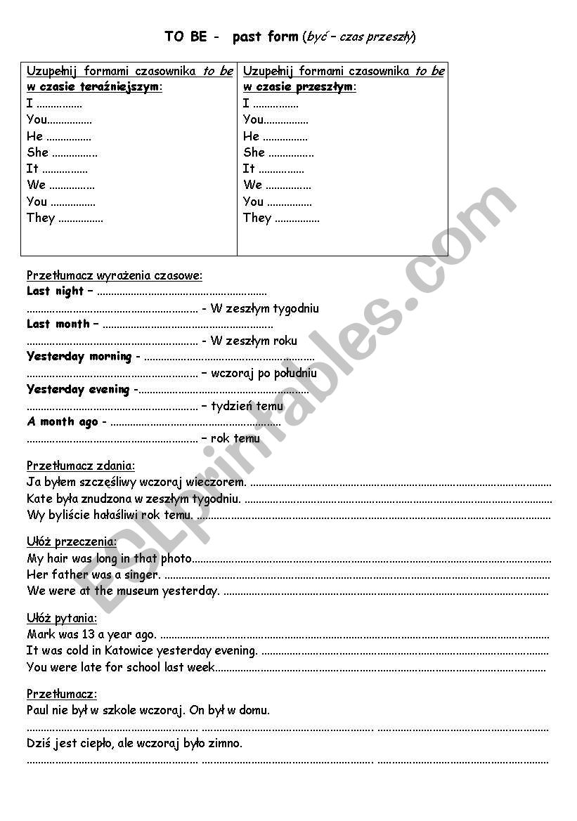 TO BE - PAST FORMS worksheet