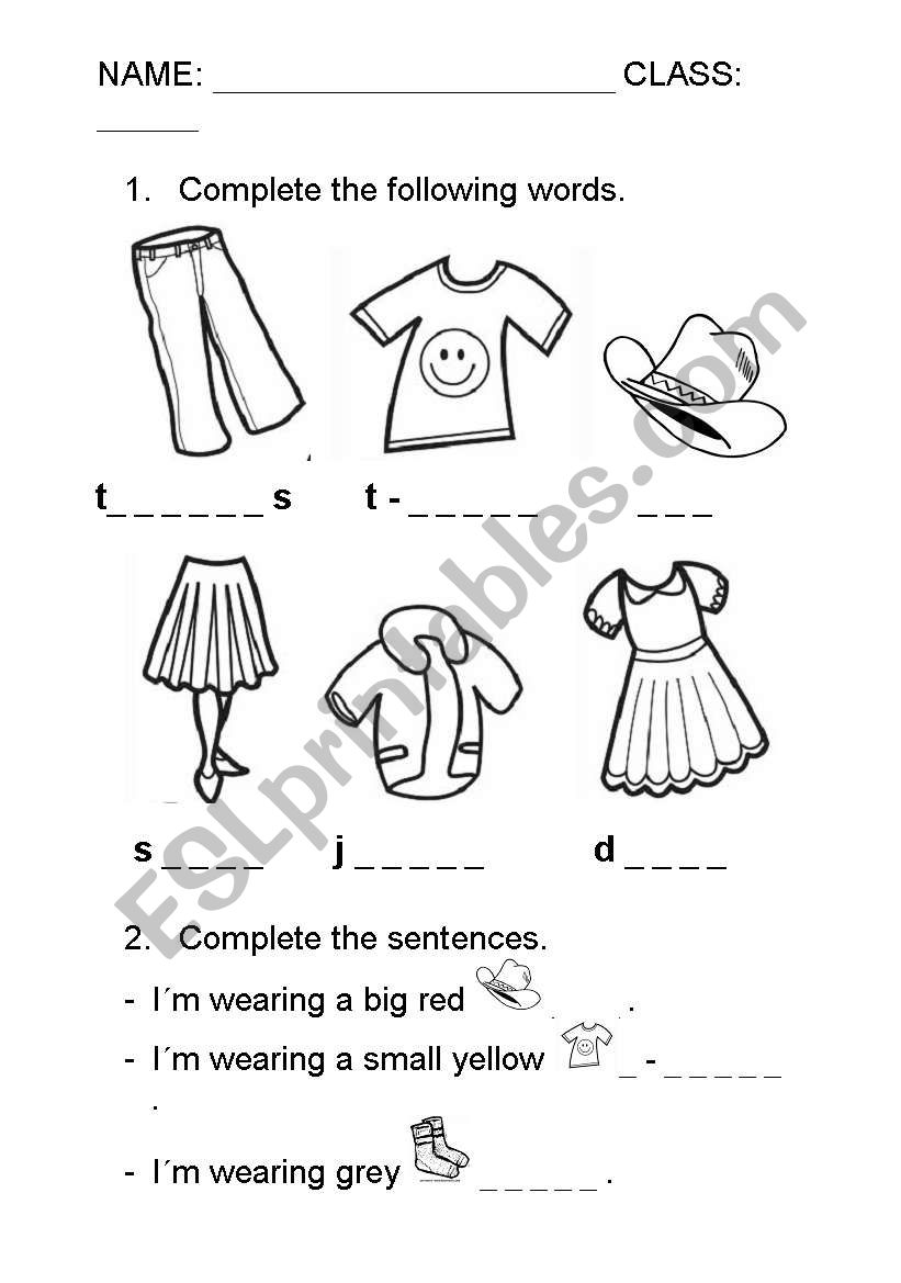Complete the clothes names worksheet