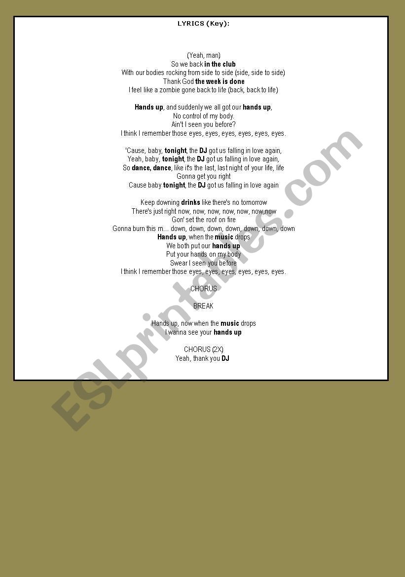 Song Activity Dj Got Us Falling In Love By Usher Going Out Parties Entertainment Esl Worksheet By Brunohero