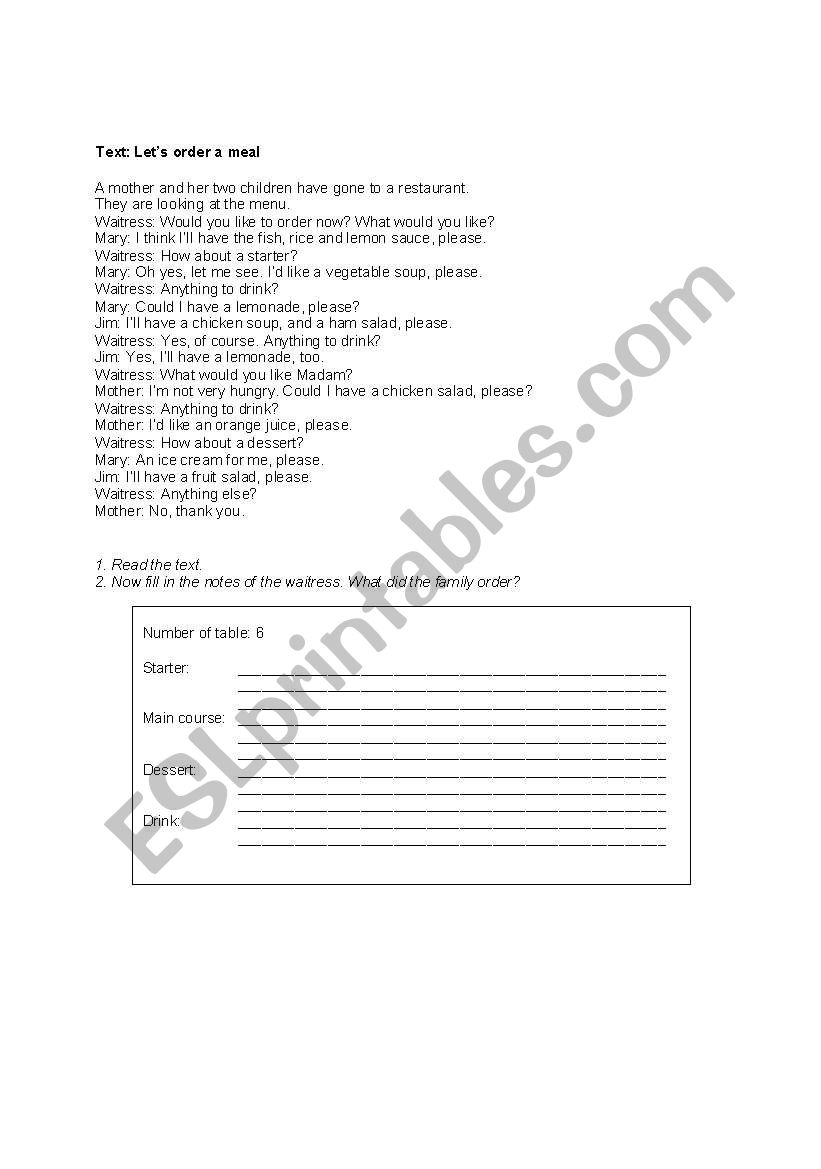 Lets order a meal worksheet
