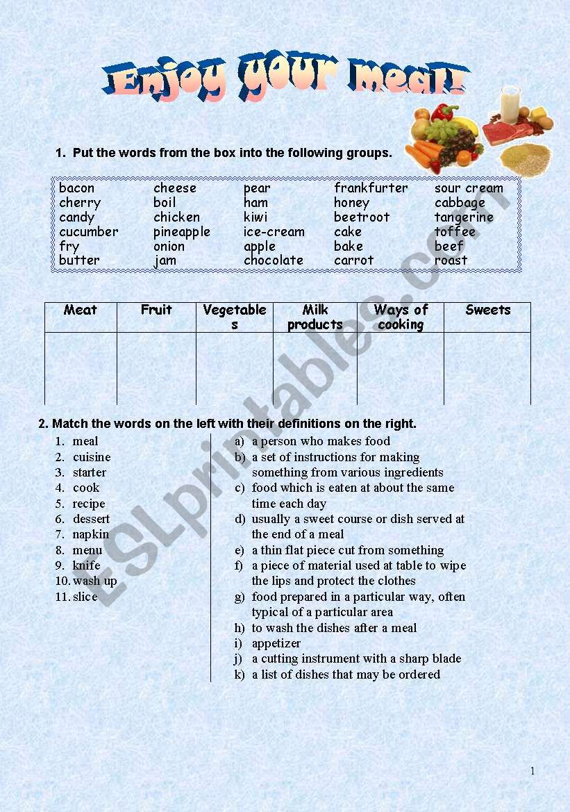 enjoy your meals! worksheet